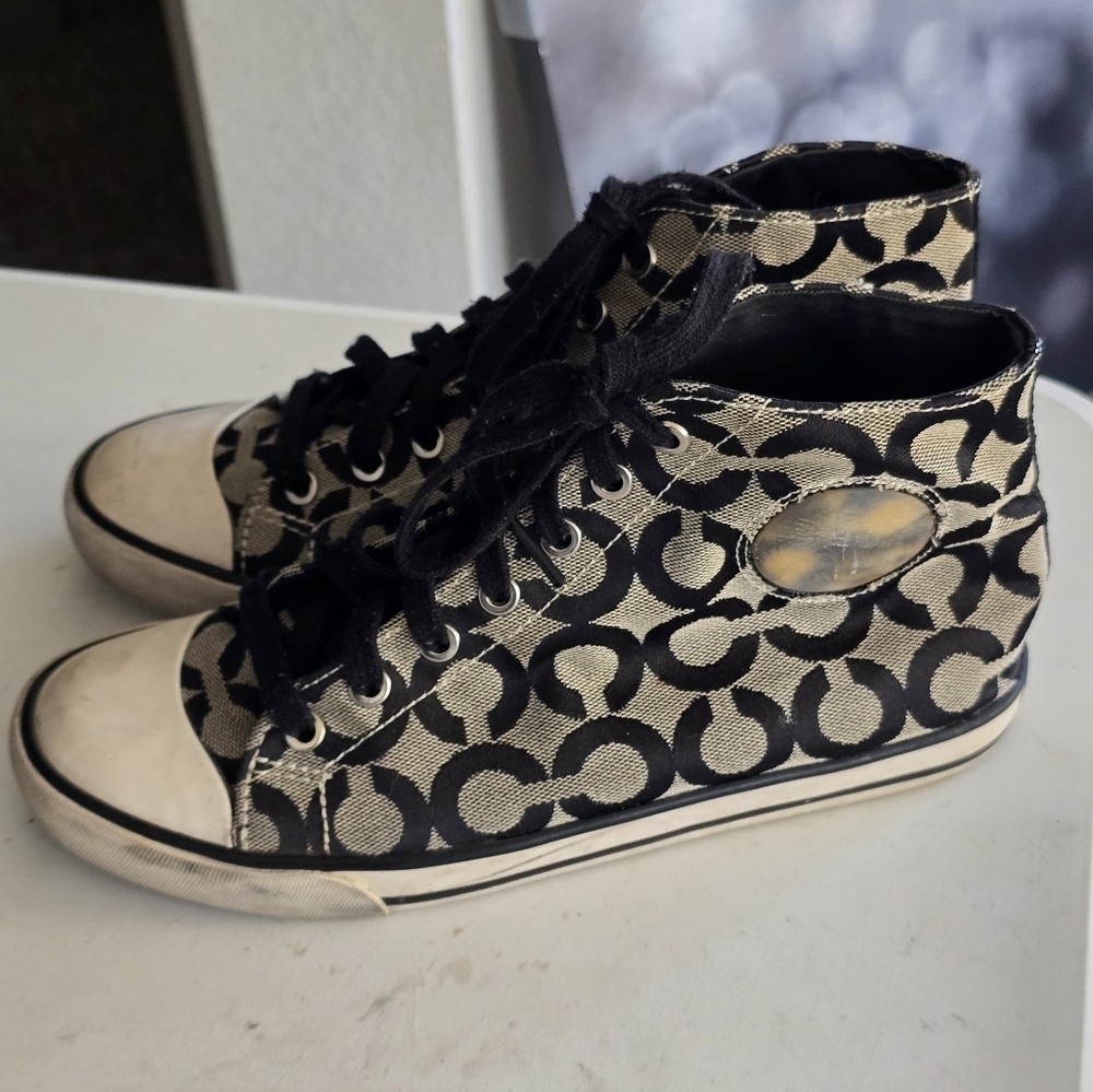 Coach Cardinal High Top Sneakers Women Sz 8B Black White Signature Logo … - Picture 8 of 16
